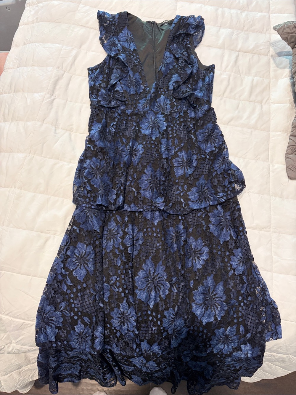 Lulu’s Navy Blue Floral Lace Ruffle Dress